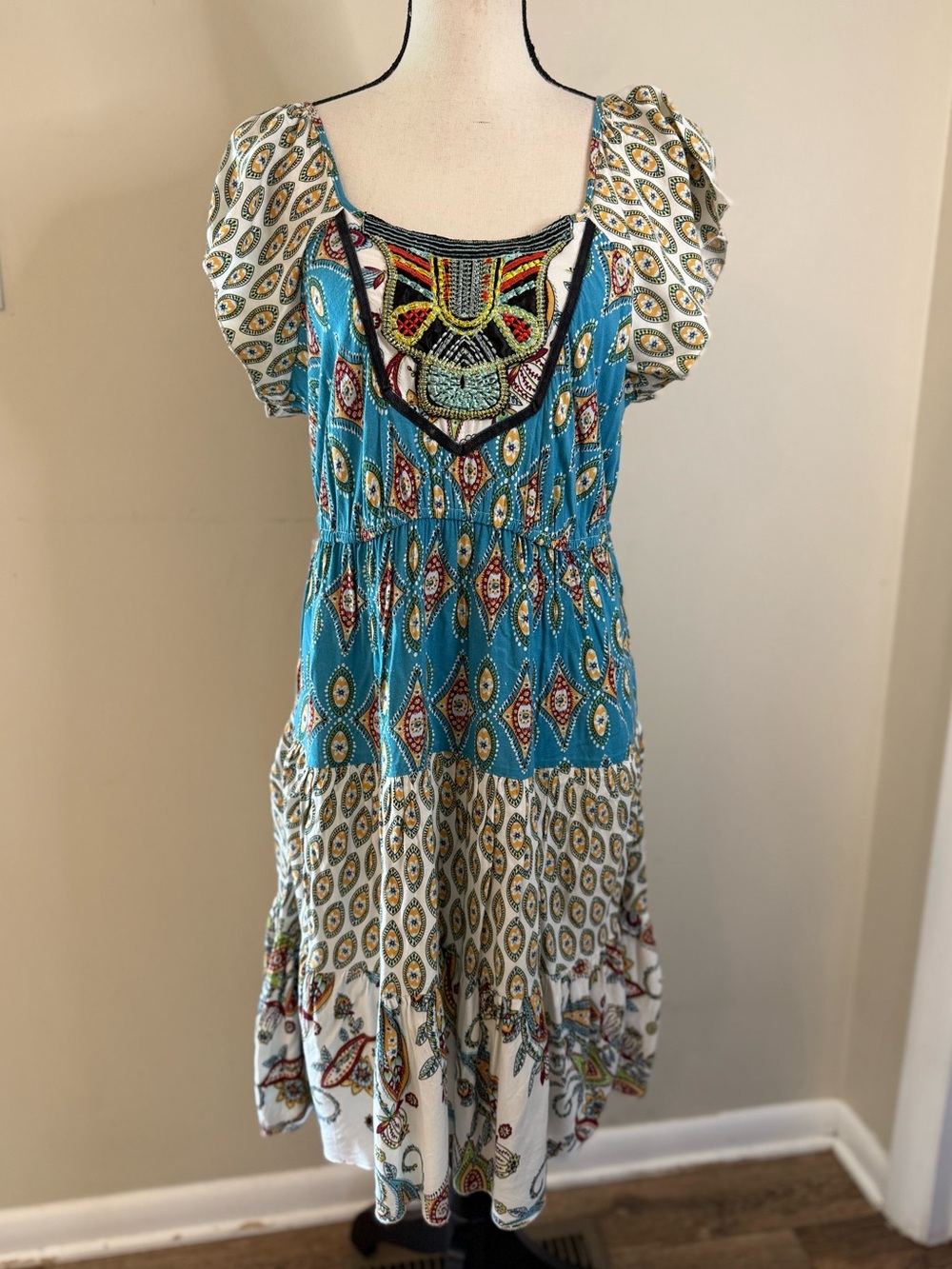 live and let live paisley embroidered boho midi dress multicolor SZ M